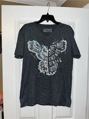 Human Unlimited Charcoal V-Neck Graphic Tee with Owl Inspired Design NWOT